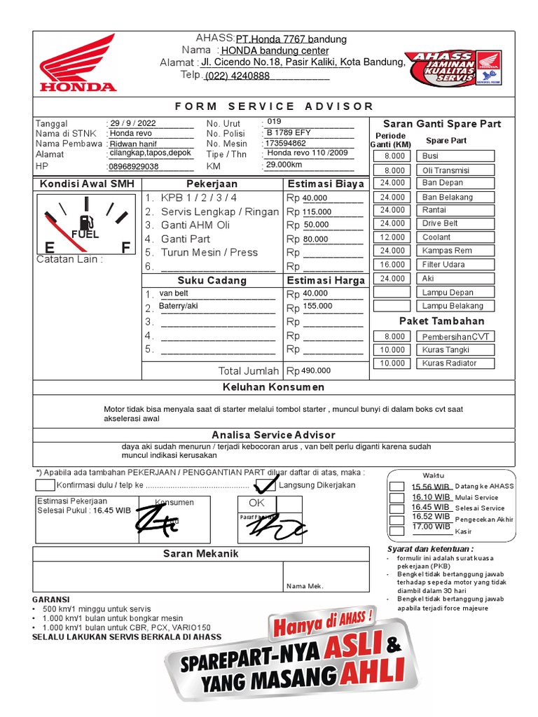 Nota Servis Motor Honda di AHASS | PDF