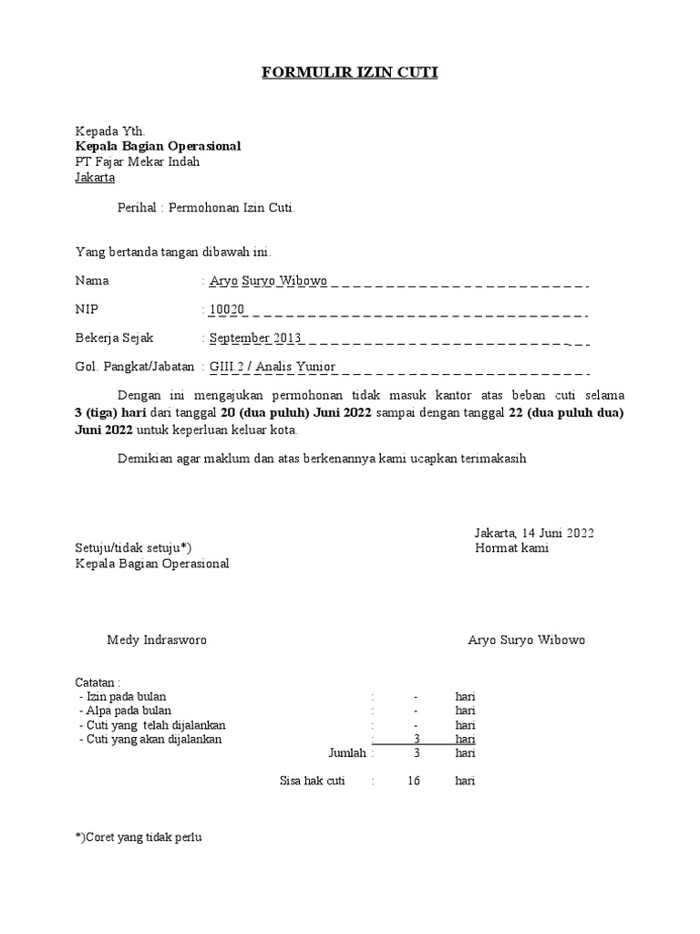 Formulir Izin Cuti Pdf