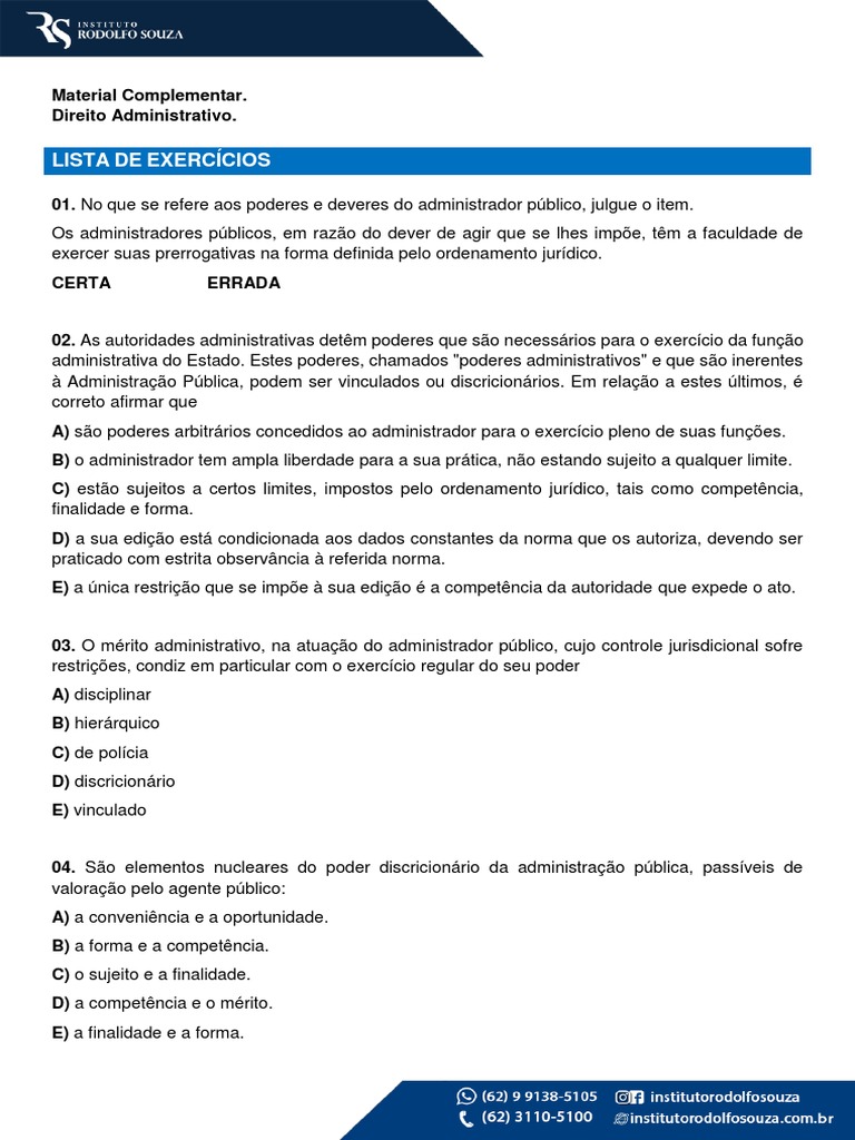 Poderes Da Administração Poder Discricionário Lista 01 Pdf