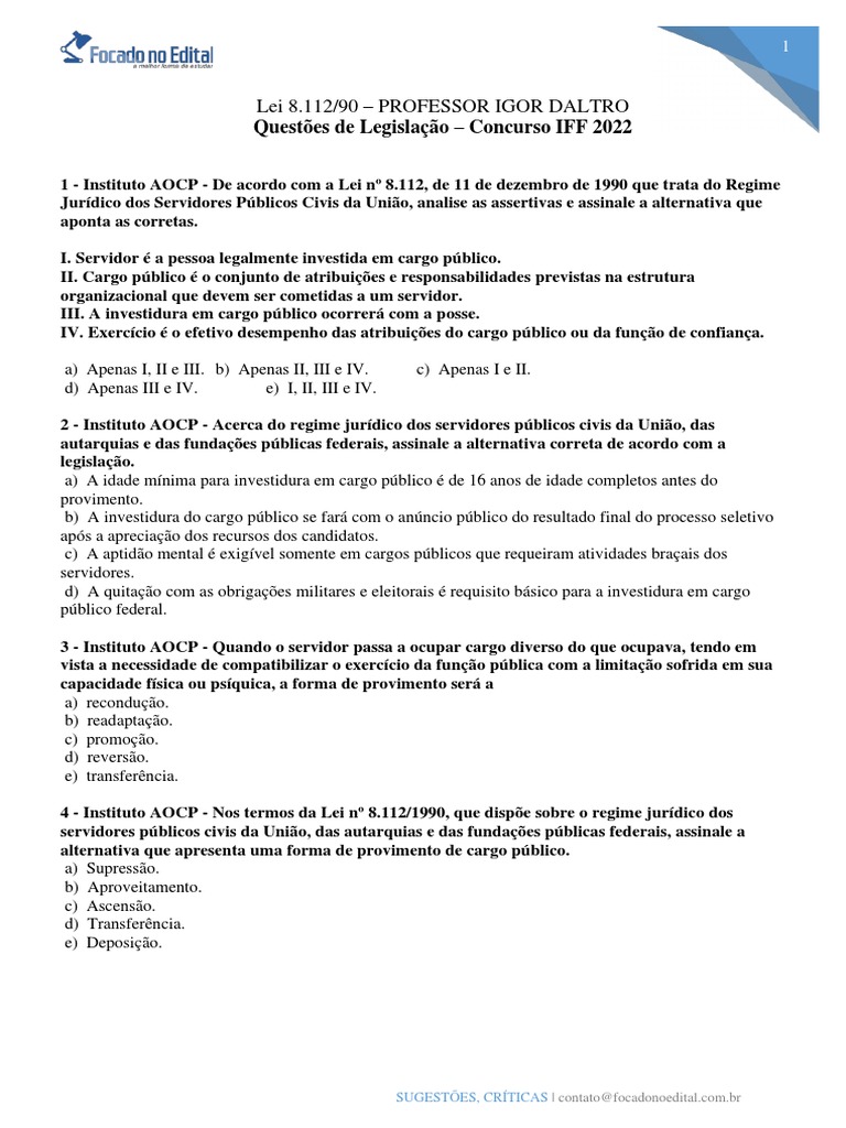 Lei 8112/90 questões concurso IFF | PDF | Brasil | Governo