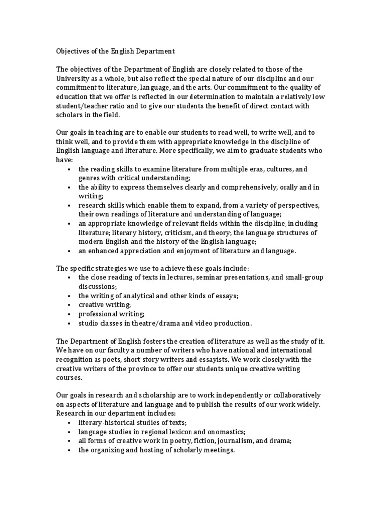 Departmental Objectives of English PDF Teaching Method Behavior