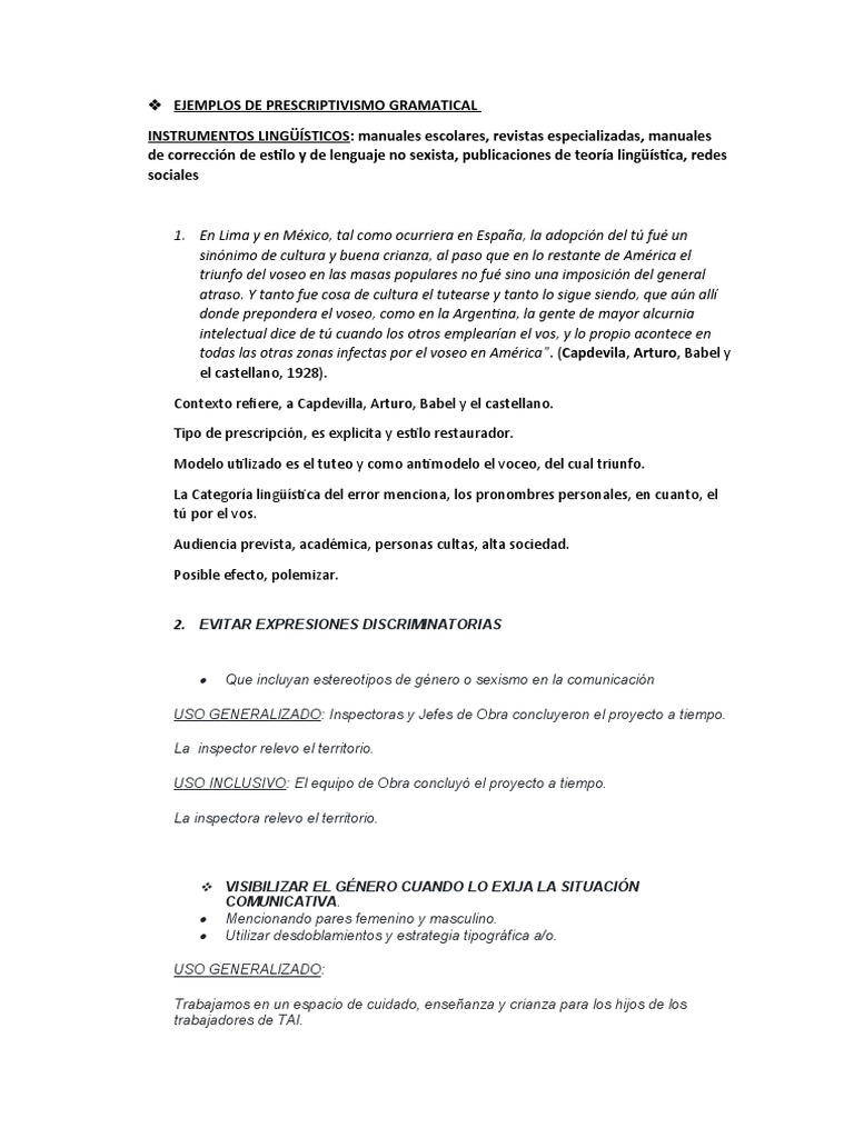 Ejemplos de Prescriptivismo Gramatical. | PDF | Género gramatical ...