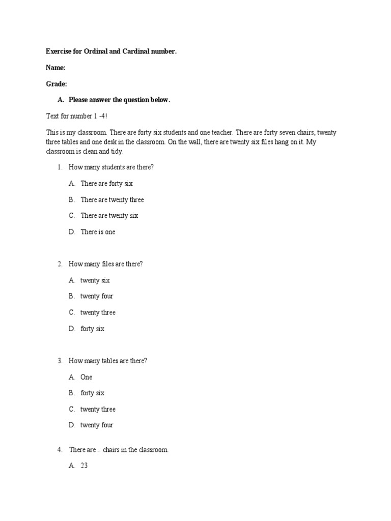 Ordinal and Cardinal Number Exercises | PDF | Classroom | Interior Design