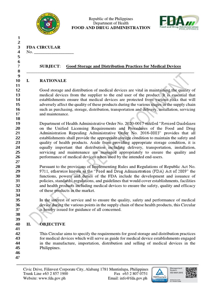 Draft FDA Circular Good Storage and Distribution Practices For Medical ...