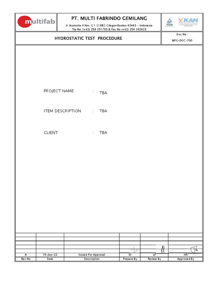 Hydrostatic Test Procedure PDF Pressure Mechanical Engineering