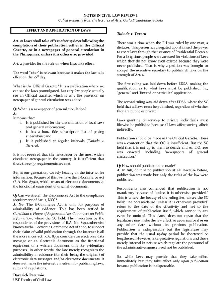 Civil Law Review 1 Notes (Atty. Carla E. Santamaria-Sena) | PDF ...