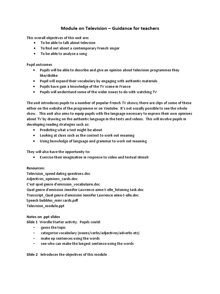 ModuleonTelevision Guidance For Teachers PDF Adverb Adjective