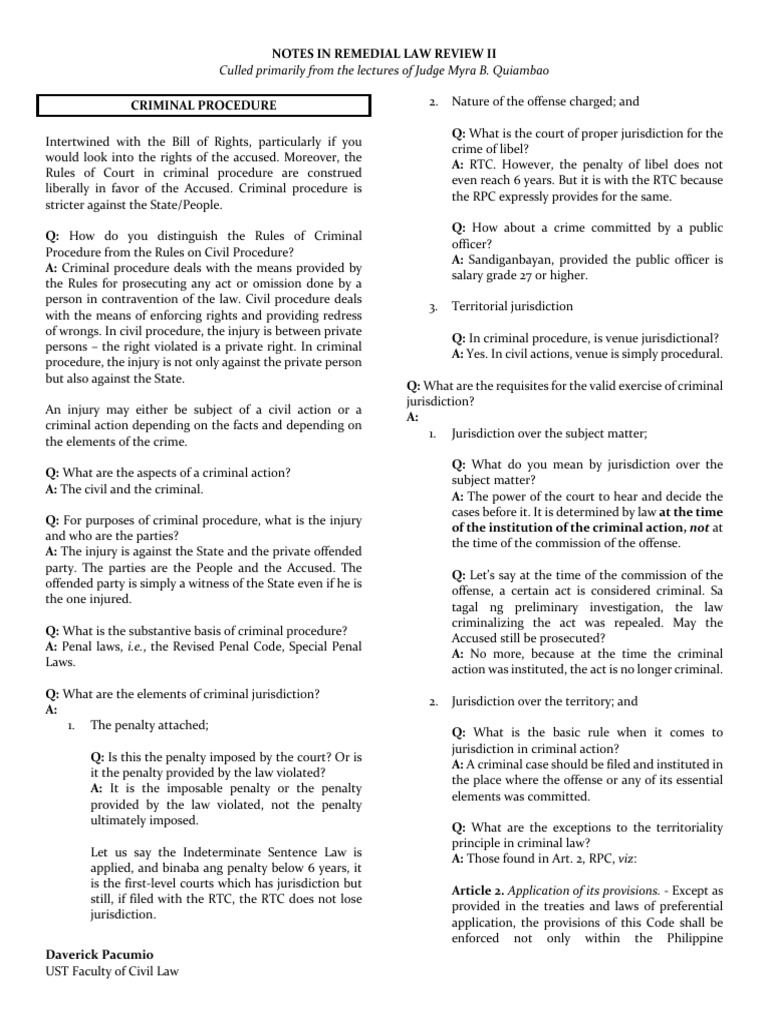 Remedial Law Review 2 Notes (Judge Myra B. Quiambao) | PDF | Prosecutor ...