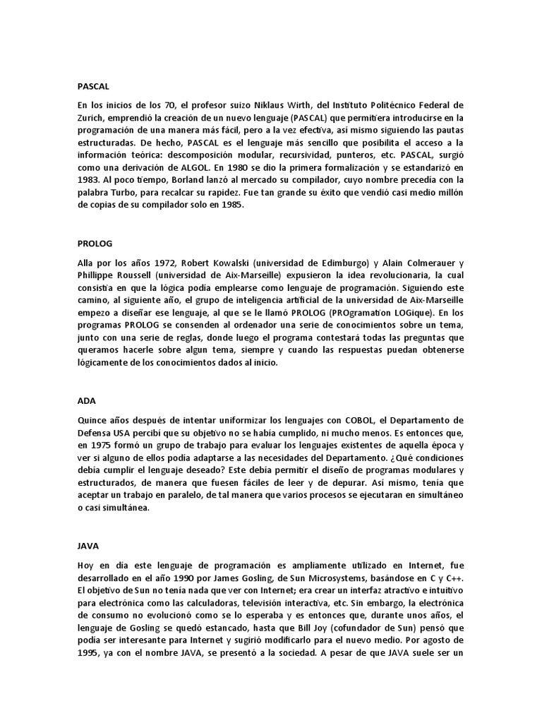 Historia de lenguajes de programación | PDF | Java (lenguaje de ...