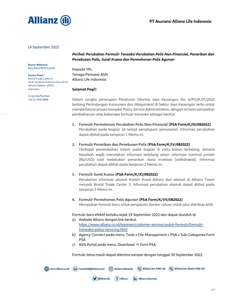 Memo - Perubahan Formulir PSA For ASN-1 | PDF