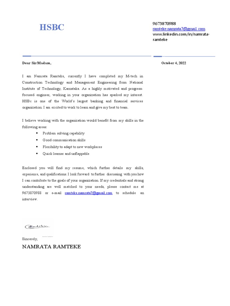 HSBC Cover Letter by Namrata Ramteke | PDF