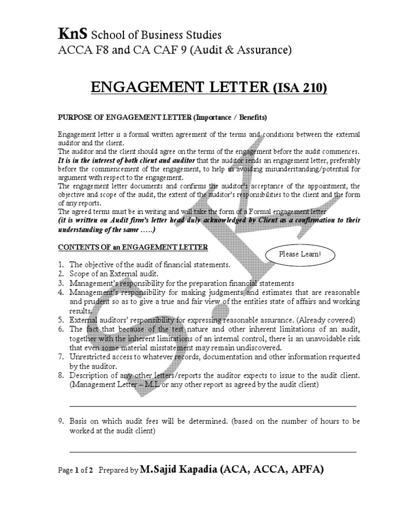 Engagement Letter (ISA 210) 2020 PDF Financial Audit Audit