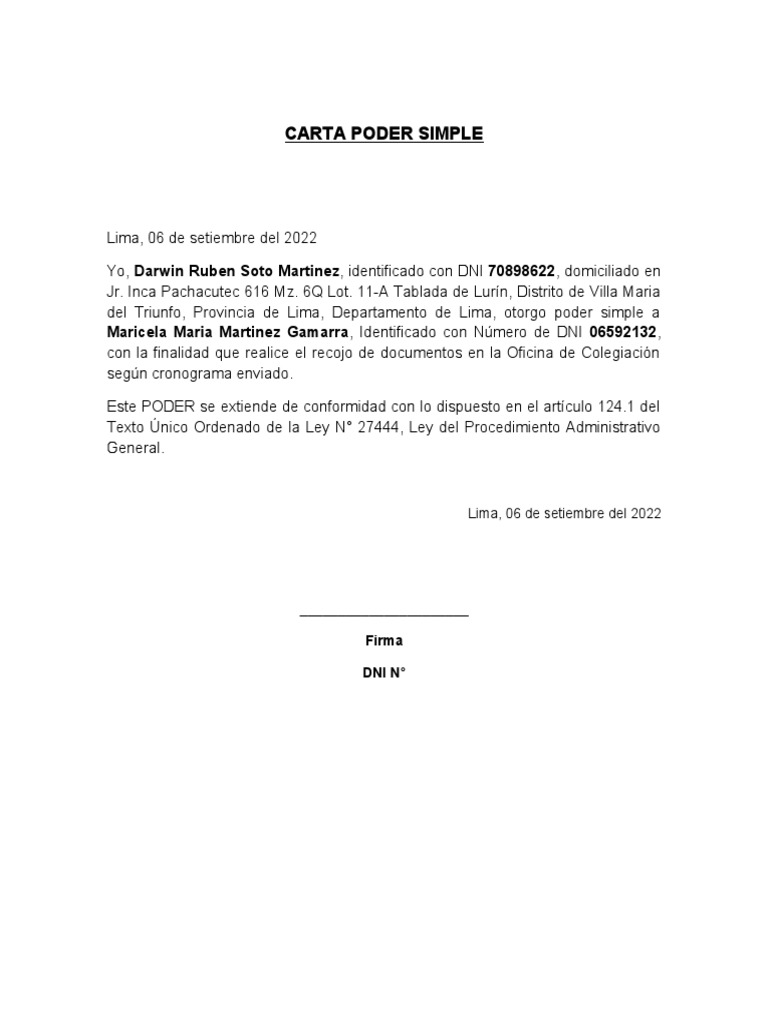 Carta Poder Simple para Recojo de Documentos | PDF