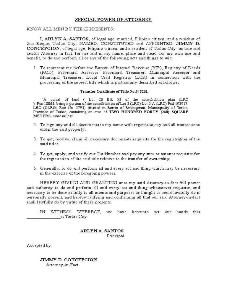 Special Power of Attorney for Title Transfer | PDF | Power Of Attorney ...