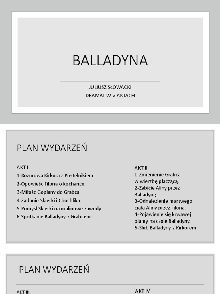 Balladyna Akt 5 Plan Wydarzeń Balladyna | PDF