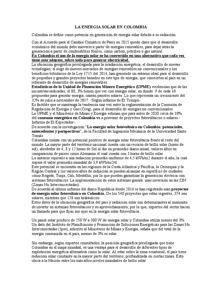 La Energia Solar en Colombia | PDF | Energía solar | Fotovoltaica
