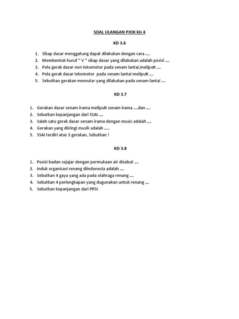 Soal ulangan pjok kls 4 kd 3 6 3 7 3 8 pdf