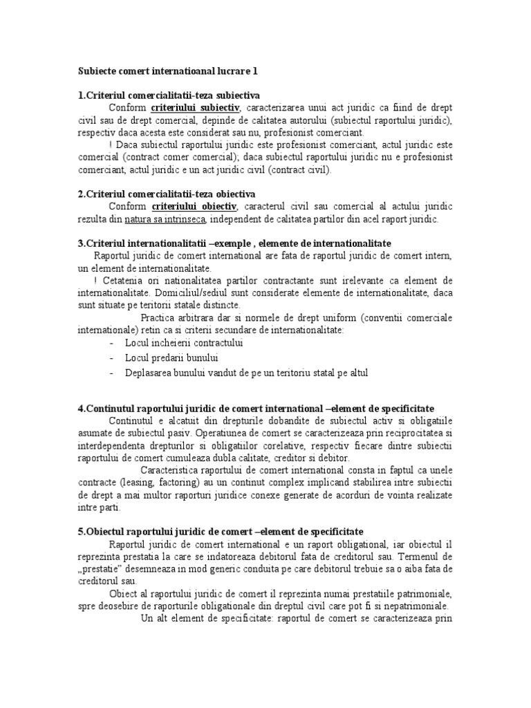 Subiecte Comert Internatioanal Lucrare 1 | PDF