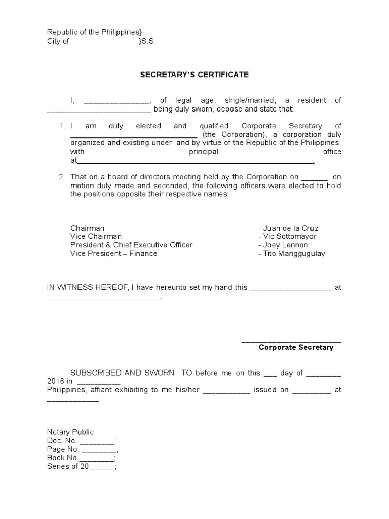 Secretary Certificate for Corporate Officers | PDF