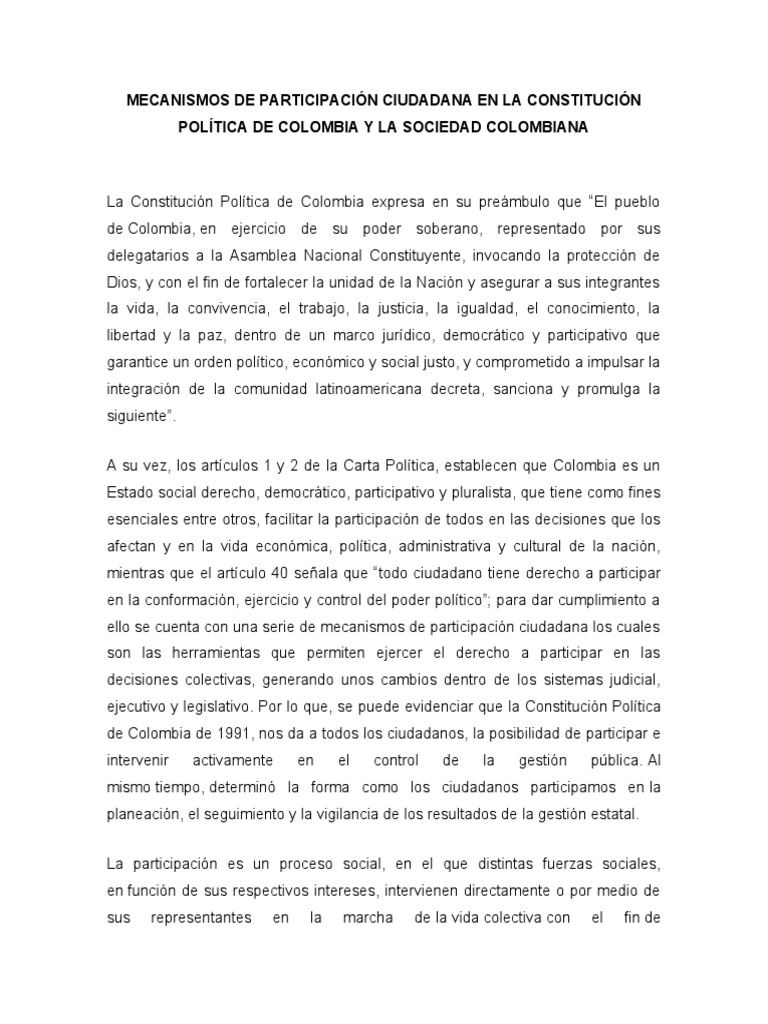 Mecanismos de Participación Ciudadana en Colombia | PDF | Democracia ...