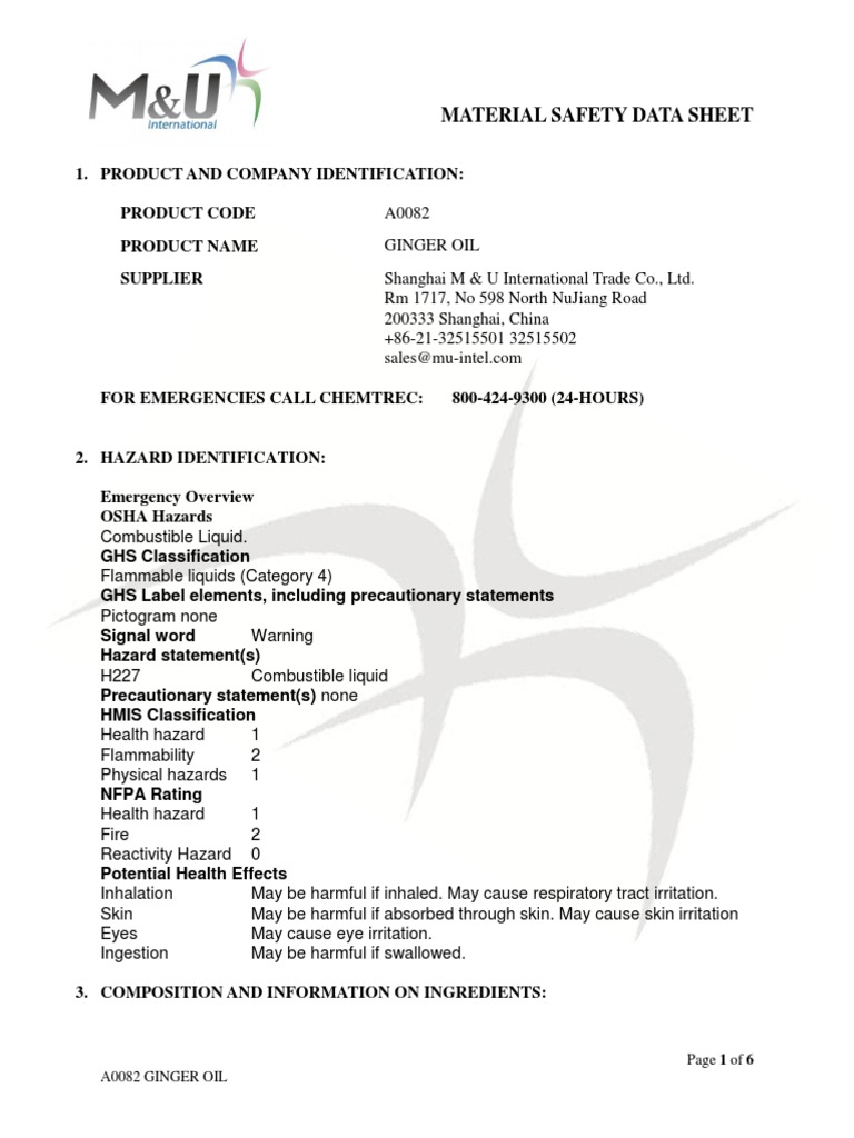 Ginger Msds PDF Dangerous Goods Combustion