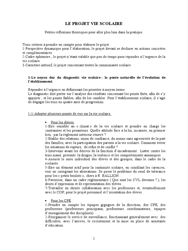 Projet de Vie Scolaire : Cadre et Actions | PDF | Pédagogie | La violence