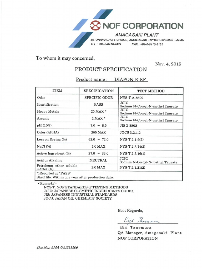 Spec (Diapon K-SF Stafoam DFC) SKMBT - C45215110418130 | PDF