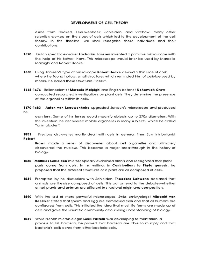 Key Milestones in Cell Theory Development | PDF | Science | Biology