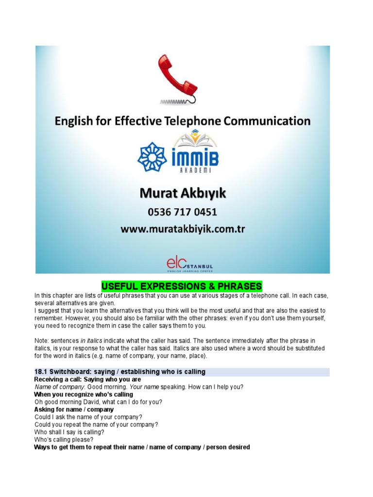 Useful Phrases and Examples of Telephone Calls PDF Service Industries