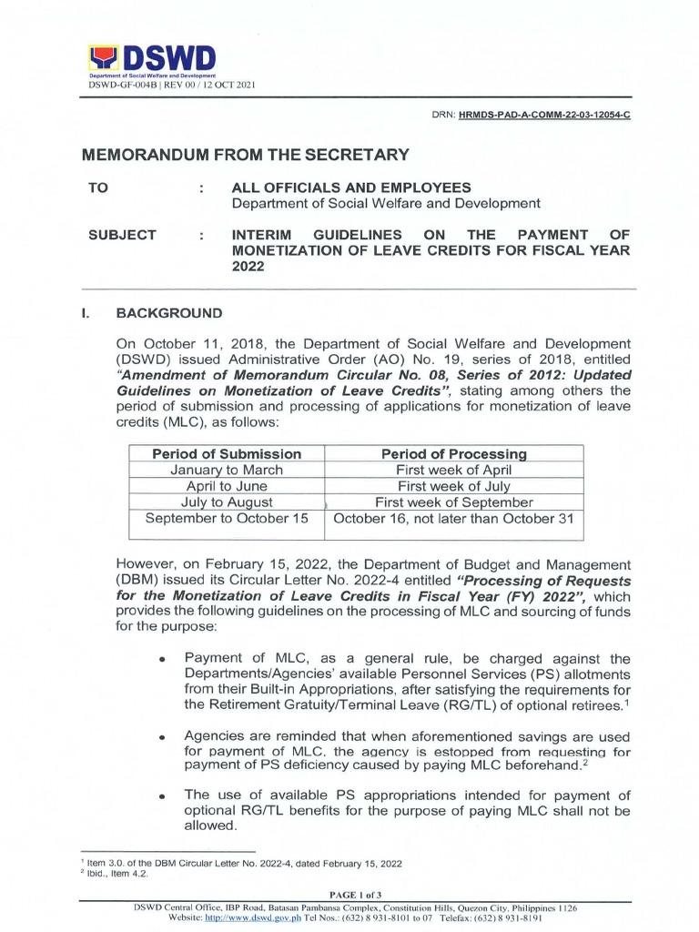 Interim Guidelines On The Payment of Monetization of Leave Credits For ...