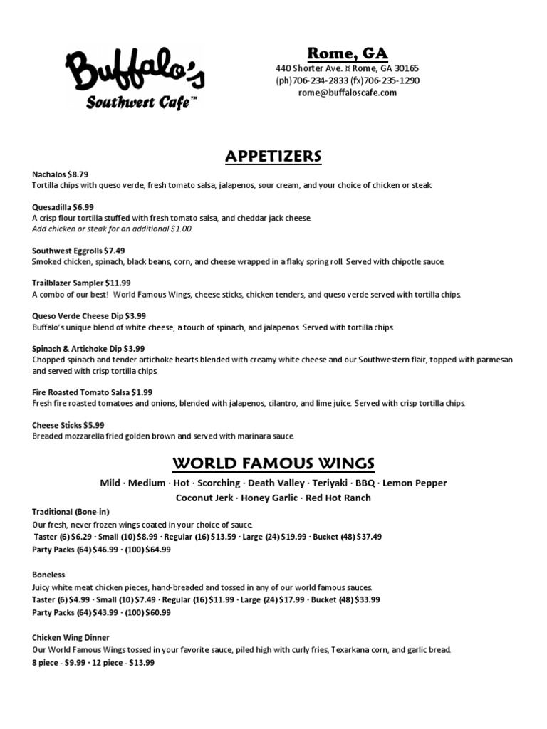 Buffalos Rome Menu PDF Salad Salsa (Sauce)