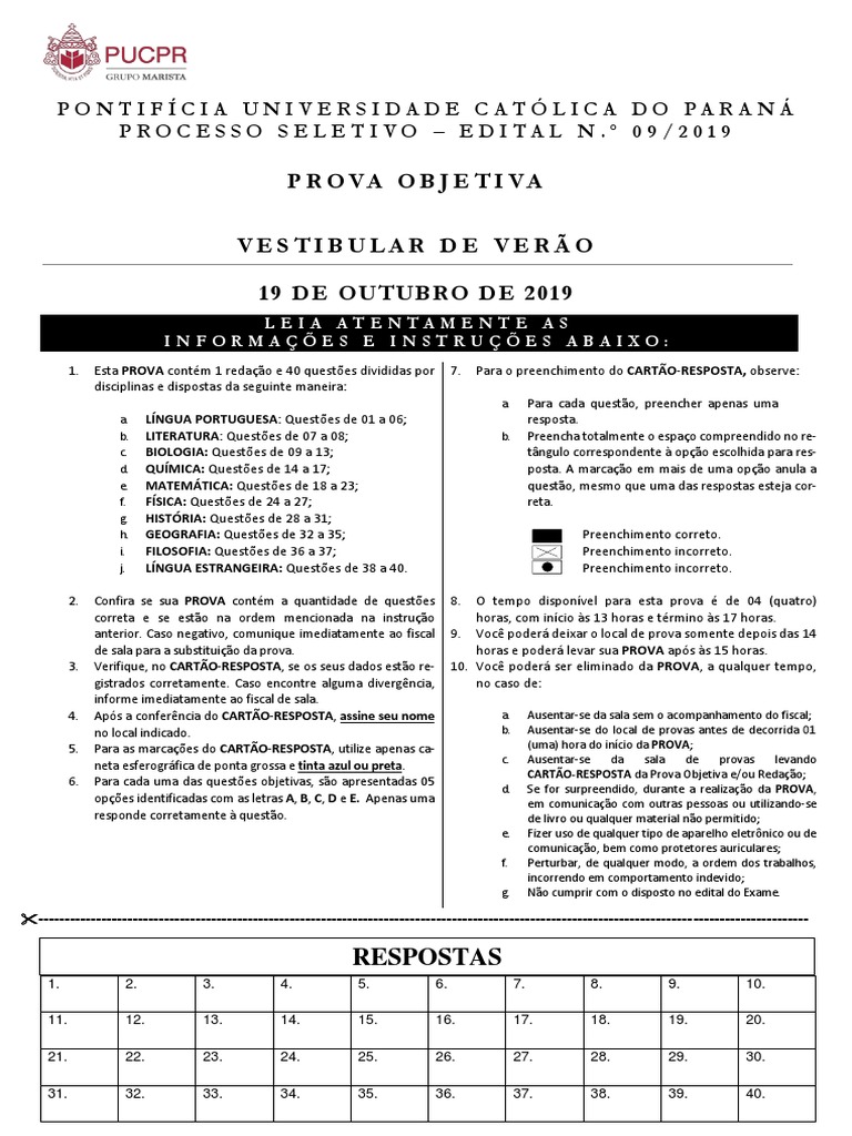 Prova Objetiva Vestibular PUC-PR 2019 | PDF | Tabela periódica | Química