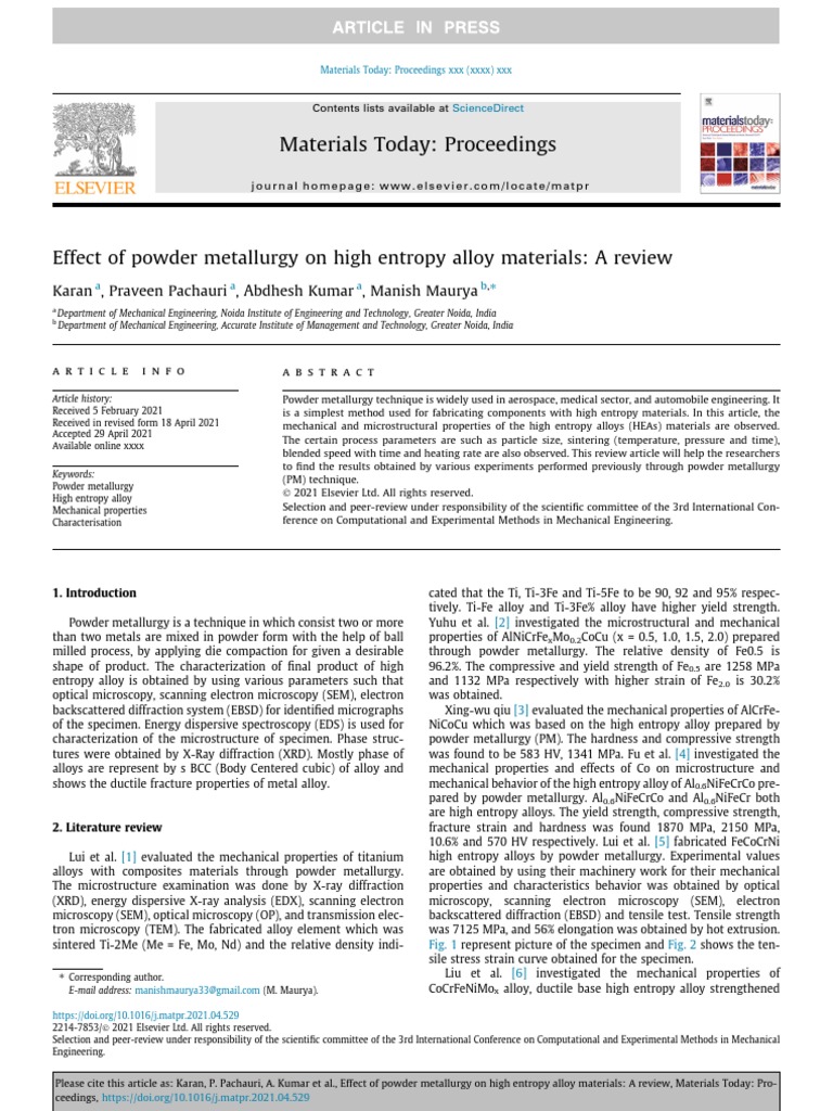Powder Metallurgy in High Entropy Alloys | PDF | Strength Of Materials ...