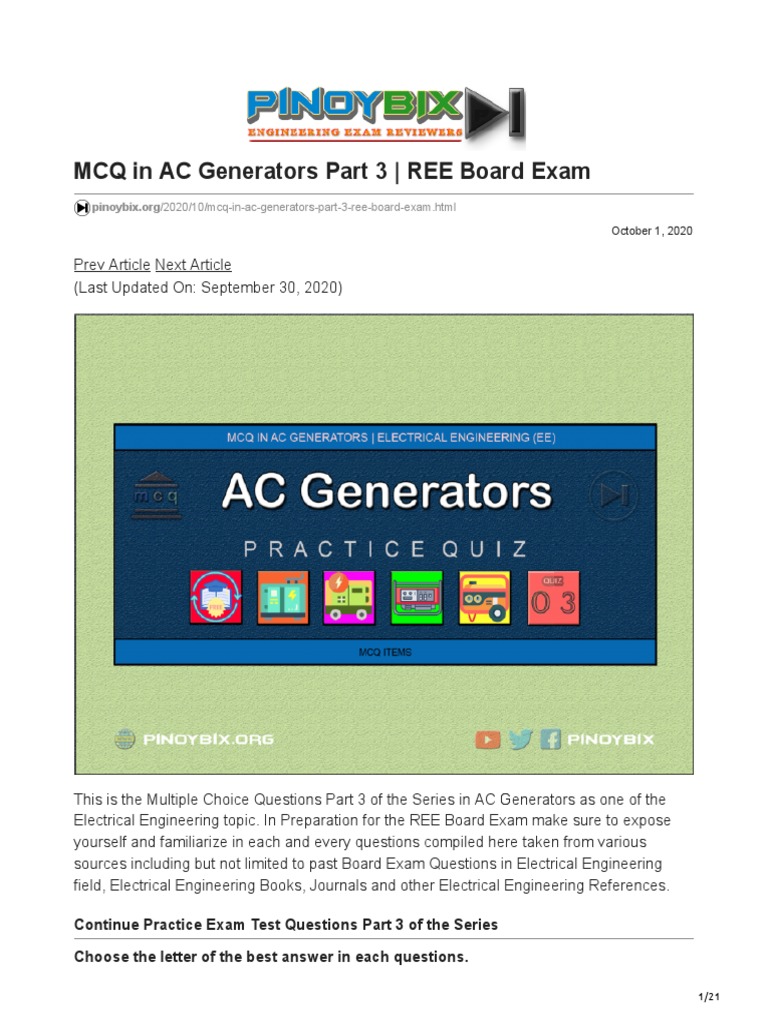 AC Generator MCQs for REE Exam Prep | PDF | Electrical Engineering ...