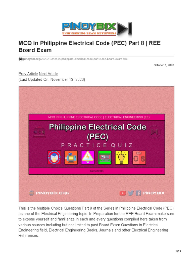 Multiple Choice Questions on Philippine Electrical Code Part 8 for REE