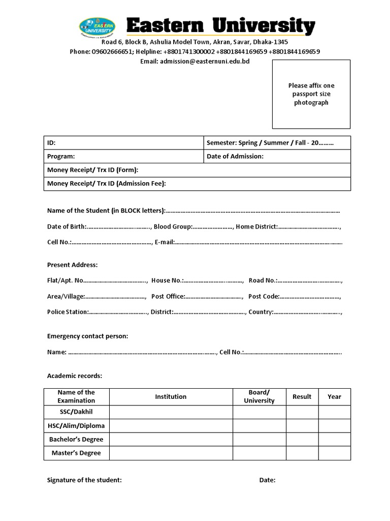Admission Form for Eastern University | PDF