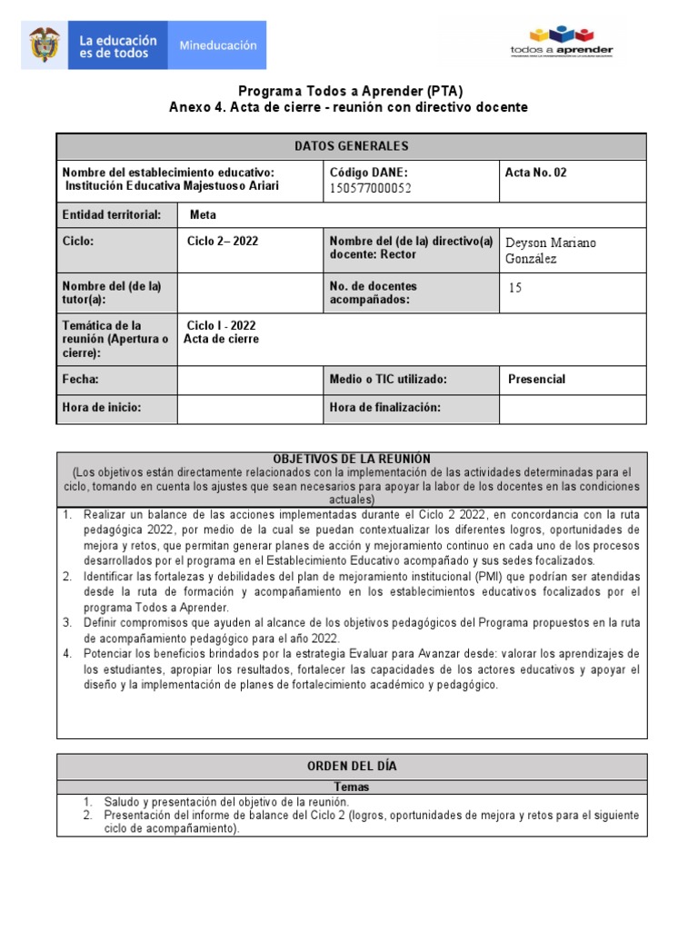 Acta de Cierre del PTA 2022 | PDF | Método de enseñanza | Evaluación