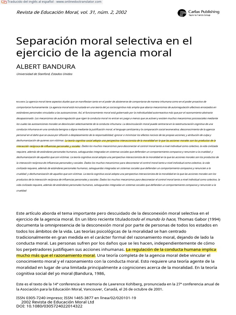 Desconexión moral y agencia en Bandura | PDF | Moralidad | Comportamiento
