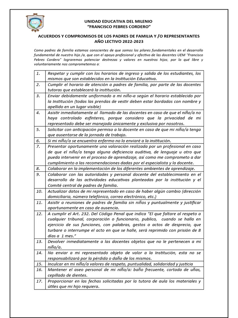 Acuerdos y Compromisos de Padres 2022-2023 | PDF