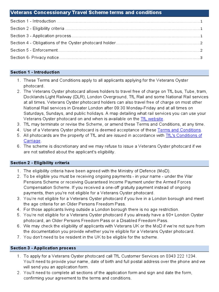 Veteran Oyster Photocard Terms and Conditions PDF Government Justice