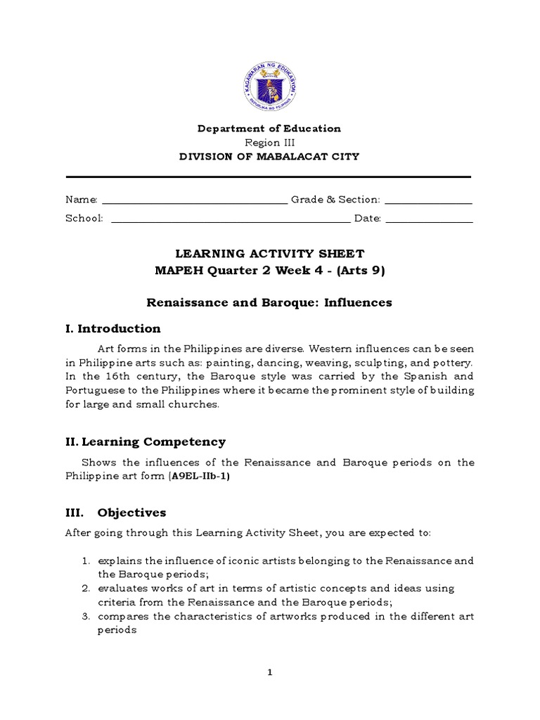 Artsg9 Q2 Week4 Renaissance Baroque Influences 1 1 Pdf