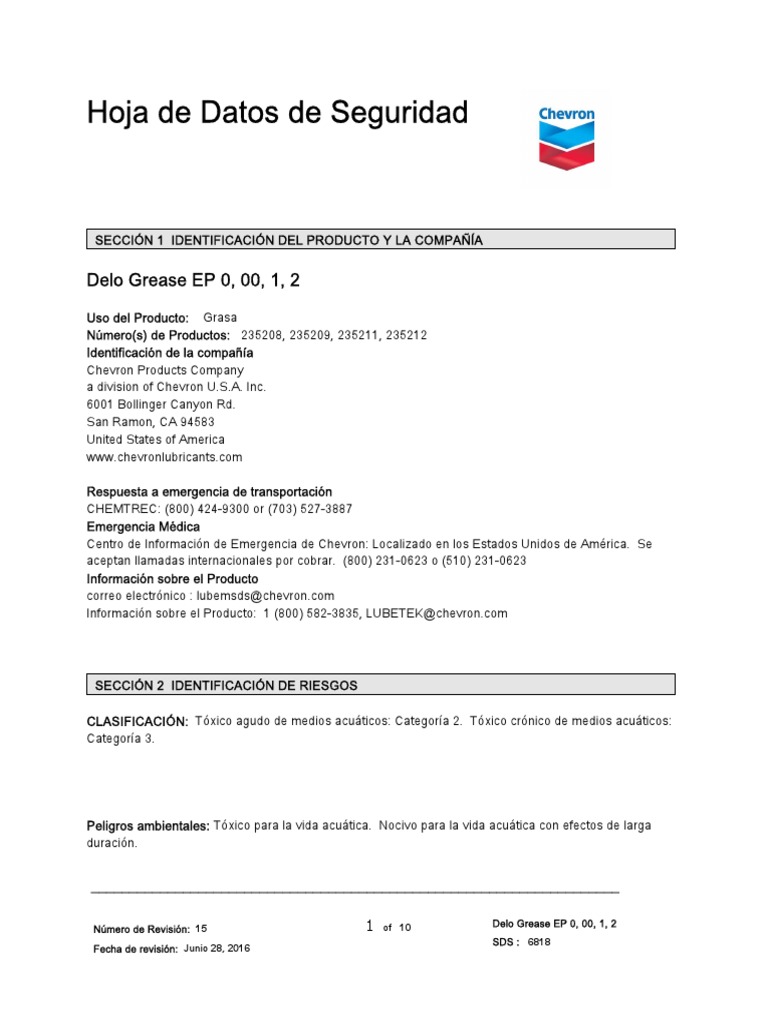 MSDS Chevron Delo Grease Ep 2 Descargar gratis PDF Toxicidad Agua