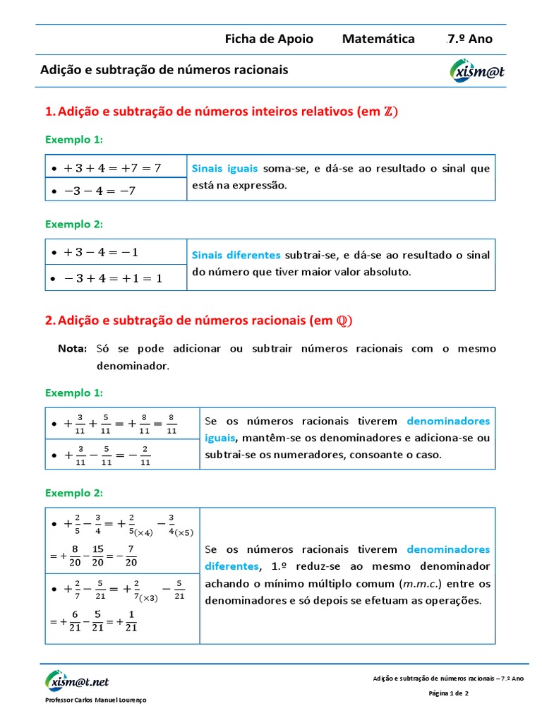 Adicao E Subtracao De Numeros Racionais Adição E Subtração De