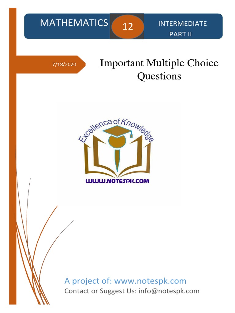 2nd Year Math MCQs with Answers | PDF | Function (Mathematics) | Maxima ...