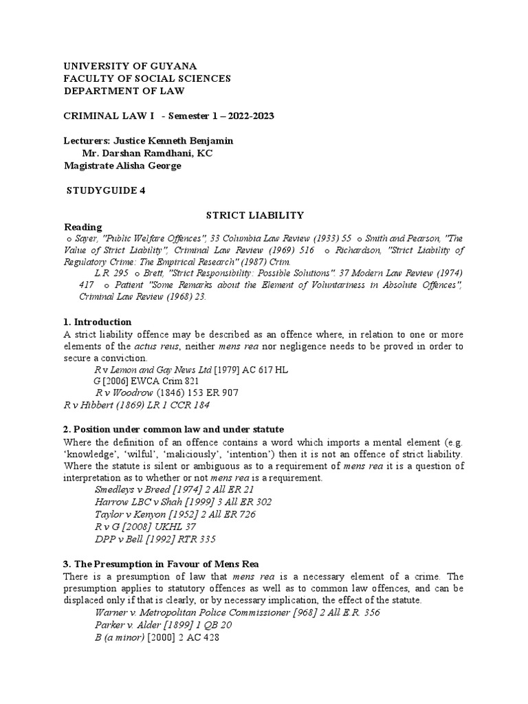Study Guide 4 Strict Liability Pdf Mens Rea Criminal Law