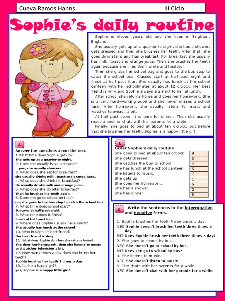 Sophies Daily Routine Reading Comprehension | PDF | Eating Behaviors Of ...