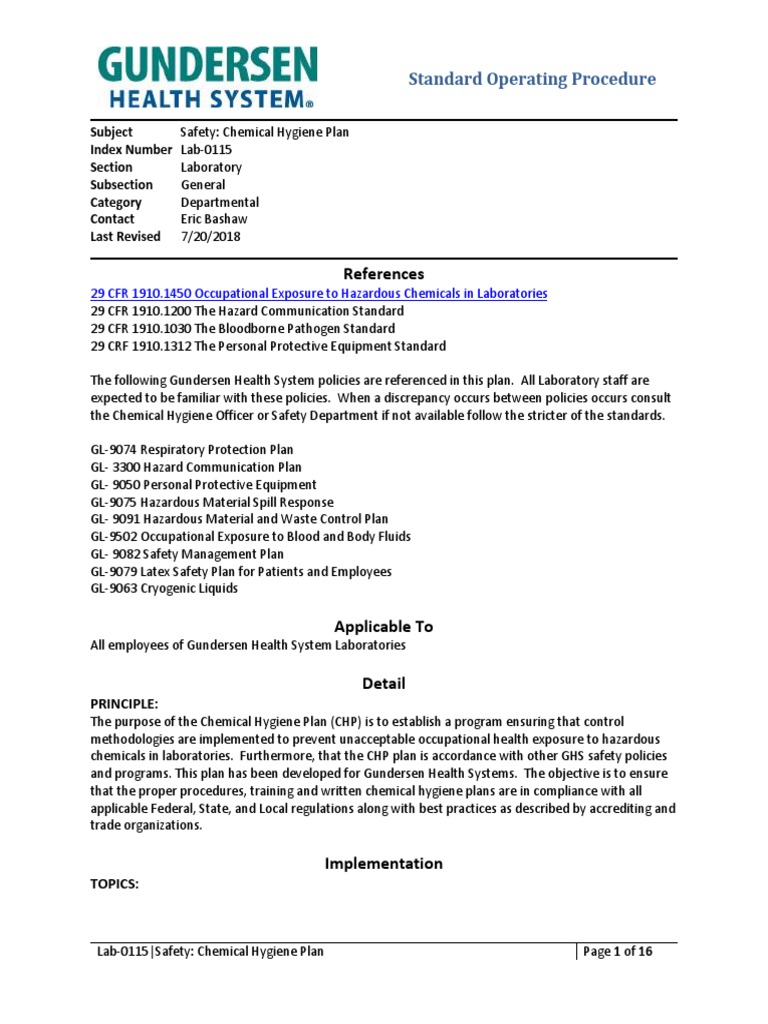 Lab Policies Safety Chemical Hygiene Plan Lab 0115 Download Free PDF