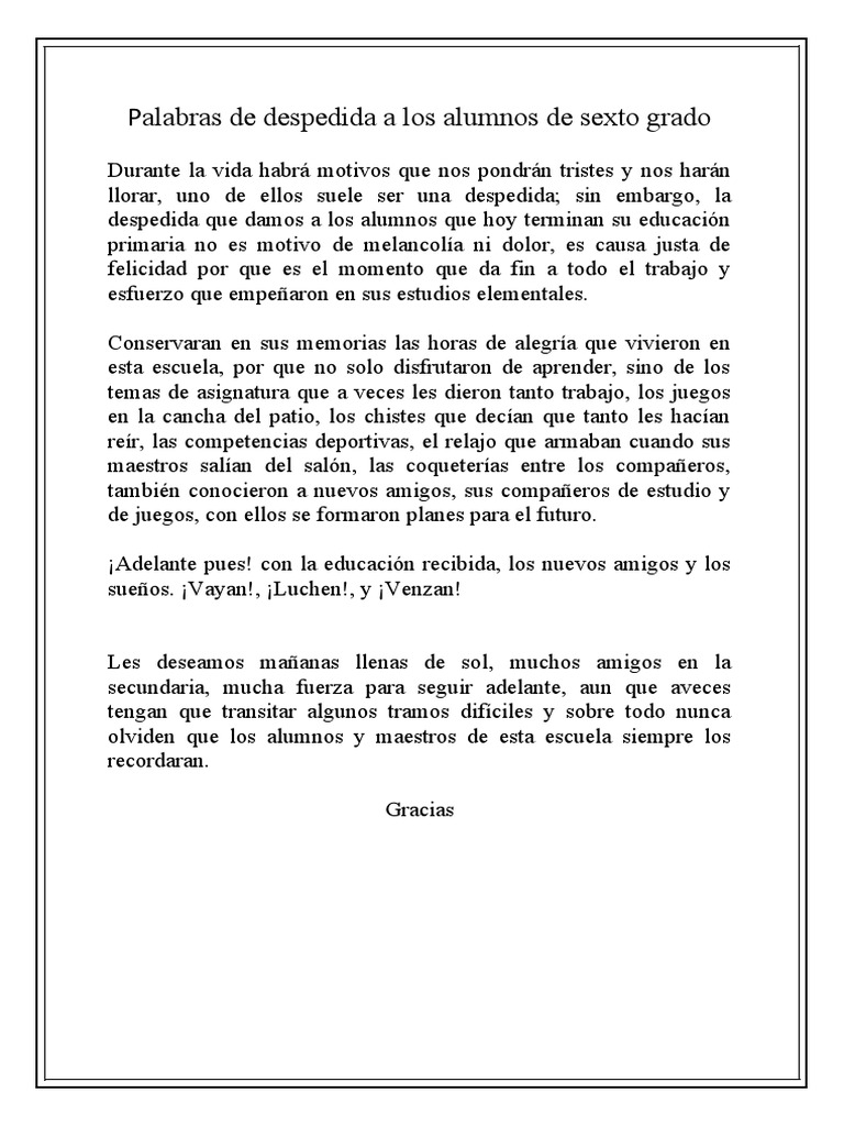 Palabras de Despedida A Los Alumnos de Sexto Grado | PDF