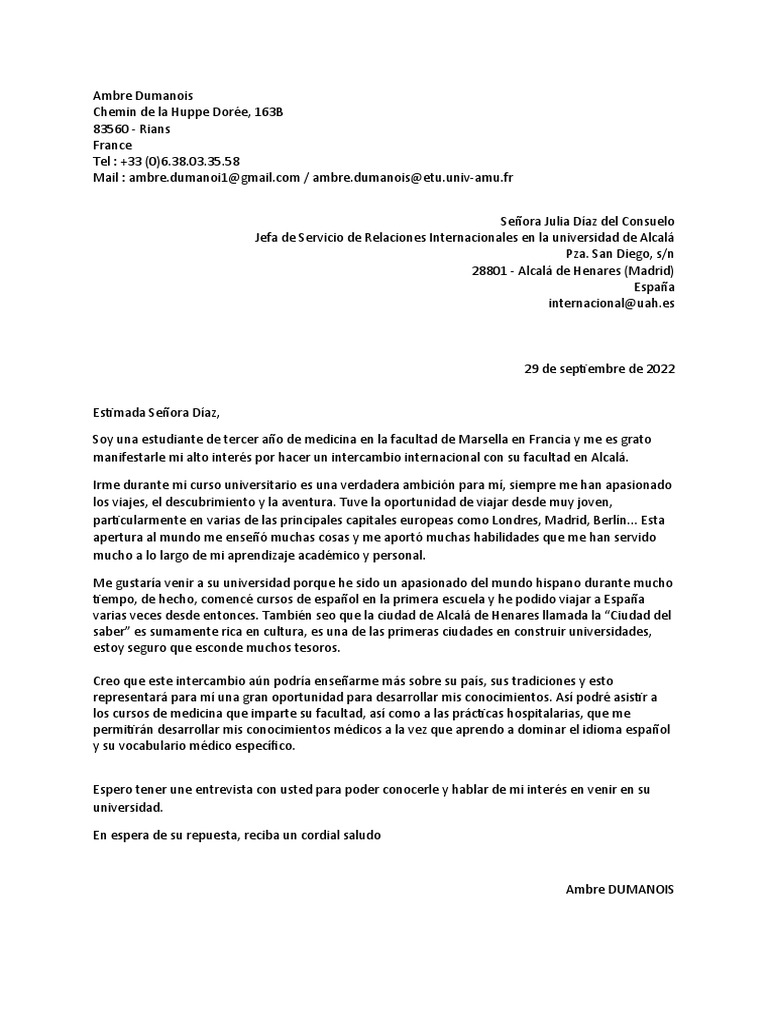 comment finir une lettre de motivation en espagnol
