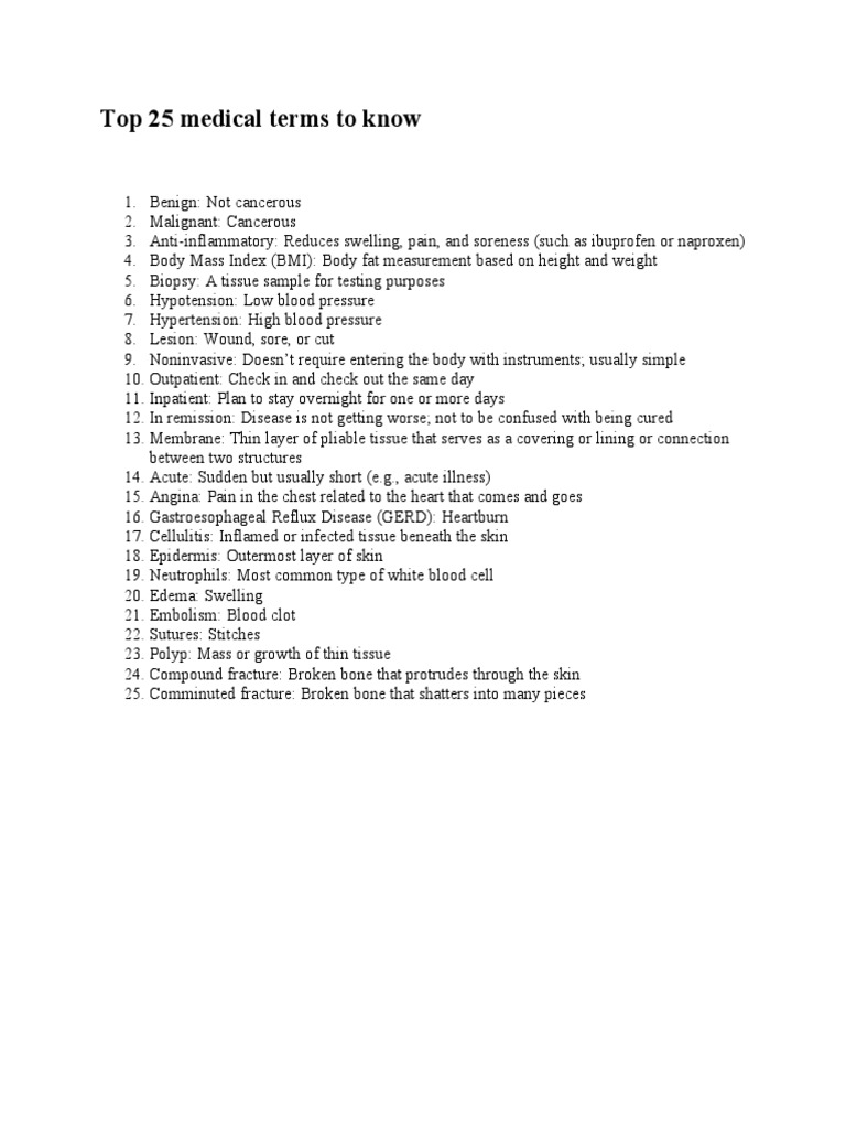 Top 25 medical terms to know pdf